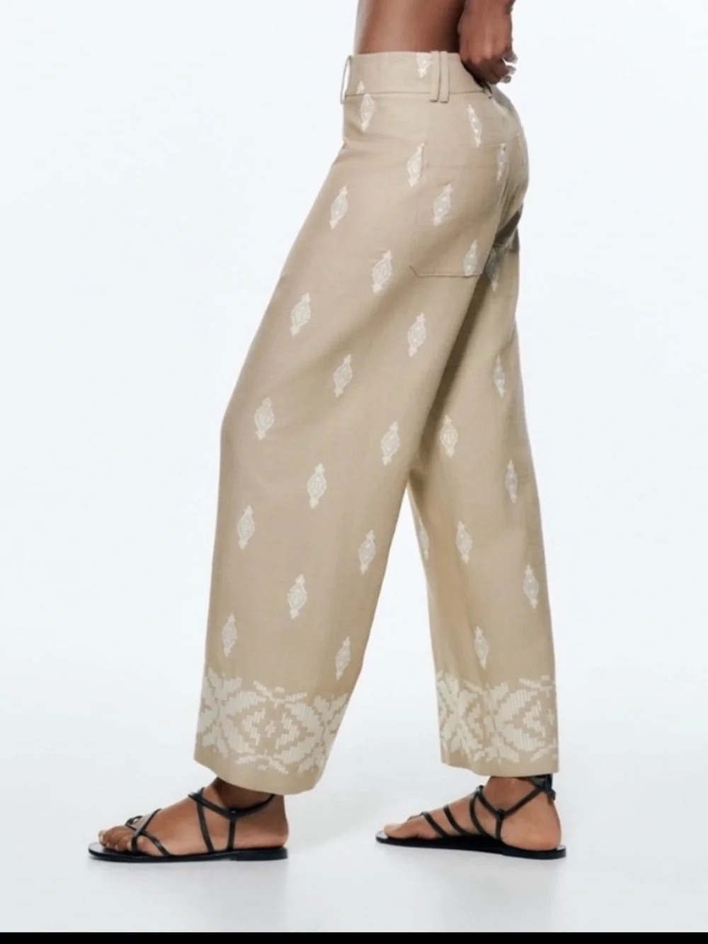ZARA Linen Beige Patterned Wide-Leg Pants XS embroidered vacation spring summer